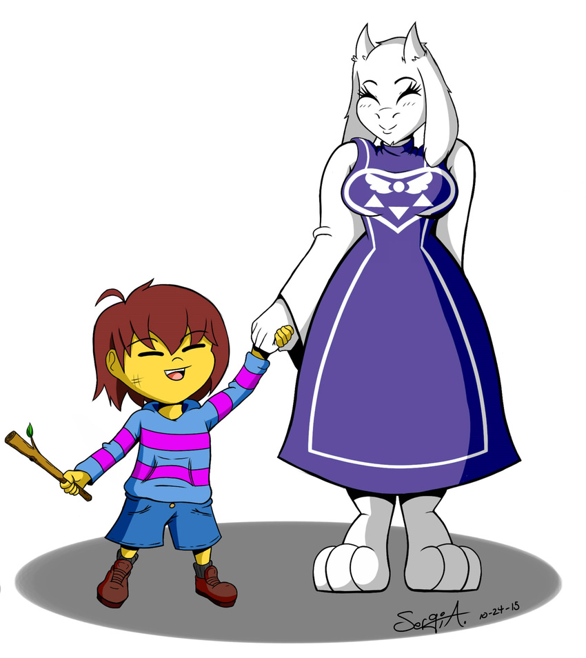 ambiguous_gender anthro barefoot boss_monster_(undertale) bovid breasts caprine closed_eyes clothed clothing dress duo feet female frisk_(undertale) fur hand_holding hi_res human lolicon mammal mature_anthro mature_female mehdrawings mother_(lore) parent_(lore) smile stripes toriel undertale undertale_(series) white_body white_fur young