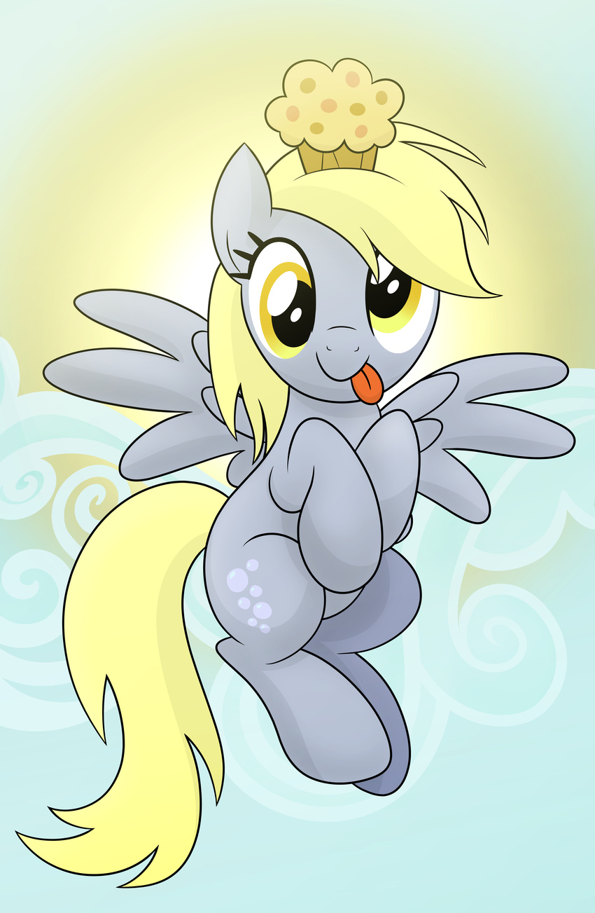 2014 absurd_res blonde_hair cloud cutie_mark derp_eyes derpy_hooves equid equine feathered_wings feathers female feral food friendship_is_magic grey_body grey_feathers hair hasbro hi_res looking_at_viewer mammal muffin my_little_pony mythological_creature mythological_equine mythology outside pegasus simple_background sitting sky solo sun theairevolution tongue tongue_out wings yellow_eyes