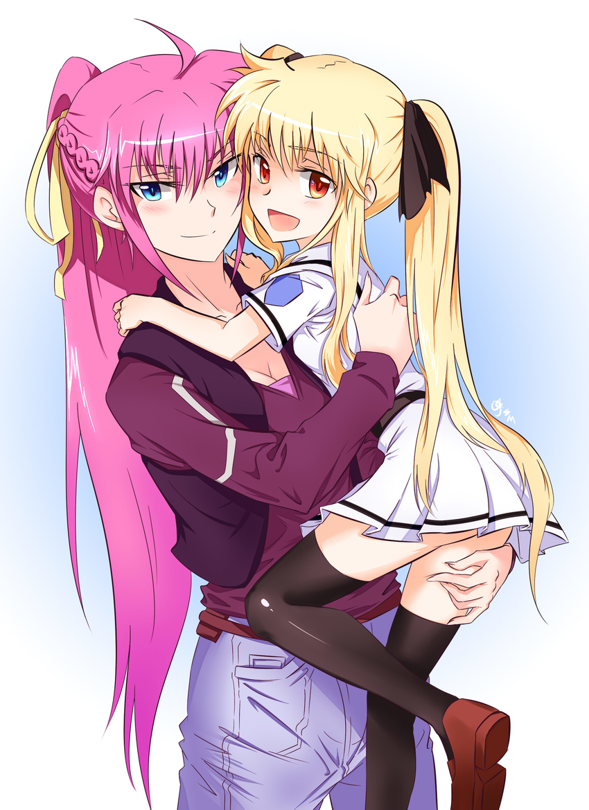 2girls bad_id bad_pixiv_id black_legwear blonde_hair blue_eyes blush breasts carrying cleavage commentary_request fate_testarossa hair_ribbon highres hug long_hair long_sleeves lyrical_nanoha mahou_shoujo_lyrical_nanoha mahou_shoujo_lyrical_nanoha_a's mahou_shoujo_lyrical_nanoha_innocent medium_breasts multiple_girls open_mouth pants pink_hair ponytail private_kaisei_elementary_school_uniform red_eyes ribbon school_uniform short_sleeves shumai_(sm318) signum smile thighhighs twintails vest