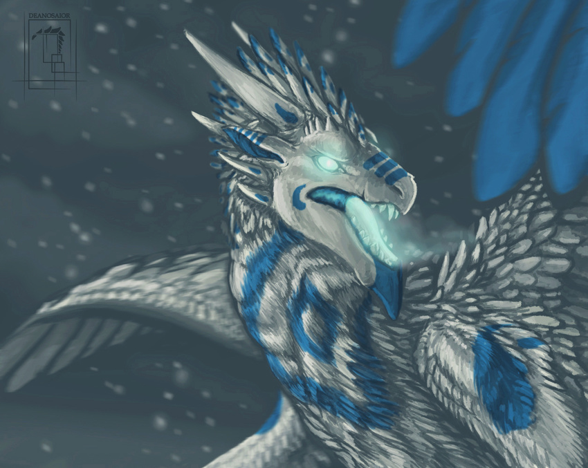 ambiguous_gender daiman_night_dragon_(keltaan) deanosaior dragon feathered_dragon feathered_scalie feathered_wings feathers feral fur furred_dragon furred_scalie glowing glowing_eyes horn mythological_creature mythological_scalie mythology open_mouth scalie snow solo teeth tongue wings