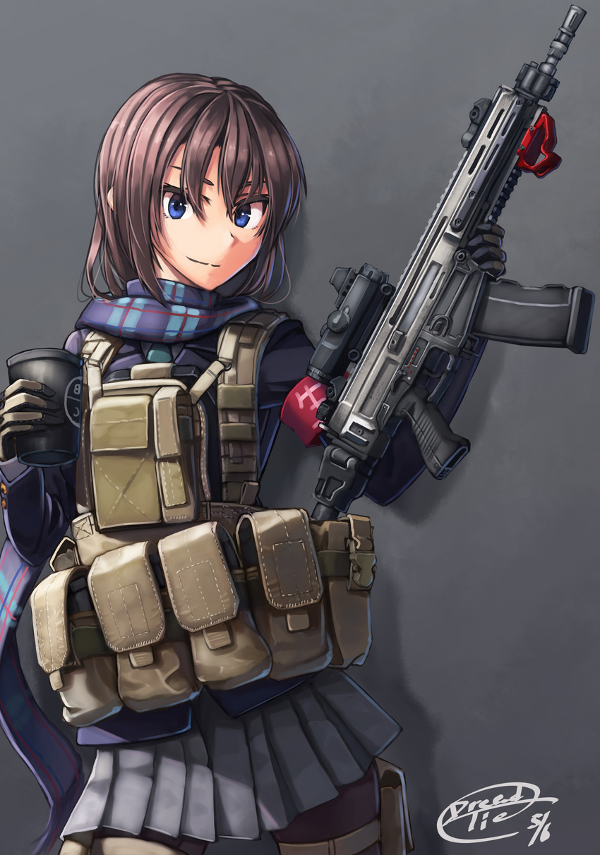 ammunition_pouch angled_foregrip armband assault_rifle bad_id bad_pixiv_id black_gloves black_pantyhose blazer blue_eyes blue_jacket blue_scarf body_armor brown_gloves brown_hair buckle bulletproof_vest closed_mouth commentary cowboy_shot cup cz_805_bren dated disposable_cup dreadtie female flip-up_sight folding_stock foregrip gloves green_necktie grey_background grey_skirt gun hair_between_eyes highres holding holding_cup holding_gun holding_weapon jacket lapels load_bearing_equipment load_bearing_vest long_scarf long_sleeves looking_at_viewer magazine_(weapon) multicolored_clothes multicolored_scarf muzzle_device necktie optical_sight original pantyhose plaid plaid_scarf pleated_skirt pouch red_armband rifle scarf seta_haruka shirt short_hair signature simple_background skirt smile snap-fit_buckle solo standing thigh_pouch two-tone_gloves weapon white_shirt