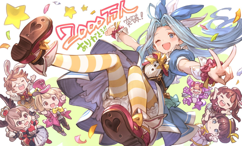 2boys 5girls ;d alice_(alice_in_wonderland) alice_(alice_in_wonderland)_(cosplay) alice_in_wonderland animal_ears blonde_hair bloomers blue_eyes blue_hair bow brown_eyes brown_hair cheshire_cat_(alice_in_wonderland) cheshire_cat_(alice_in_wonderland)_(cosplay) chibi claudia_(granblue_fantasy) commentary_request confetti constance_(granblue_fantasy) cosplay costume crown djeeta_(granblue_fantasy) dorothy_(granblue_fantasy) dragon dress erune glasses gran_(granblue_fantasy) granblue_fantasy hairbow hat highres long_hair lyria_(granblue_fantasy) mad_hatter_(alice_in_wonderland) mad_hatter_(alice_in_wonderland)_(cosplay) minaba_hideo monocle multiple_boys multiple_girls official_art one_eye_closed open_mouth pantyhose pince-nez red_footwear shoes simple_background smile star_(symbol) striped_clothes striped_thighhighs thank_you thighhighs top_hat underwear v vyrn_(granblue_fantasy) white_background white_rabbit_(alice_in_wonderland) white_rabbit_(alice_in_wonderland)_(cosplay)