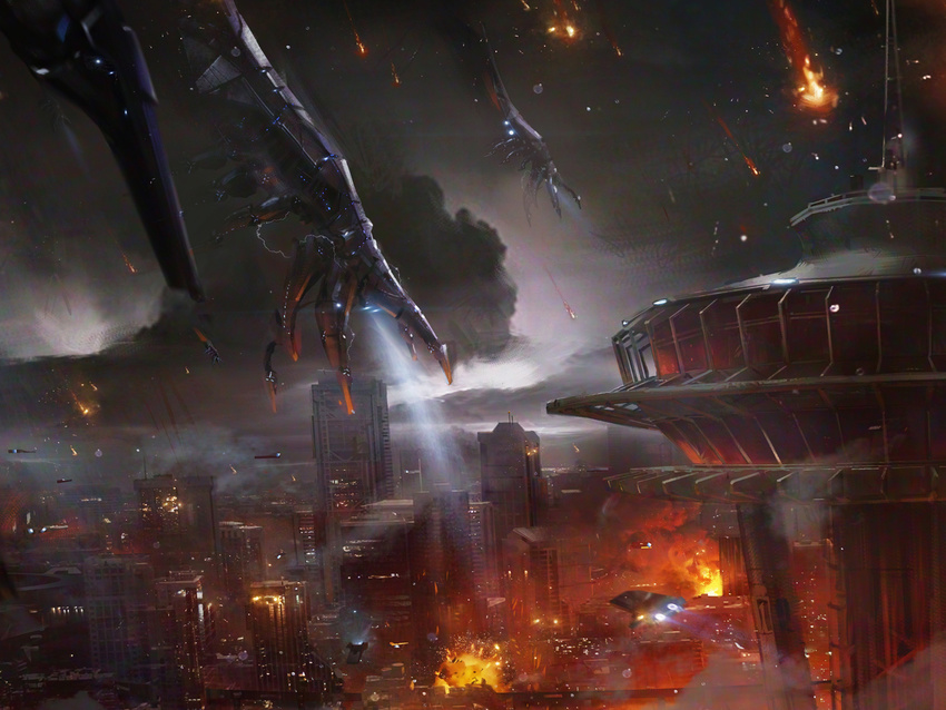 car city cityscape cloud destruction fire flying_car mass_effect mass_effect_3 motor_vehicle reaper_(mass_effect) seattle space_needle vehicle war