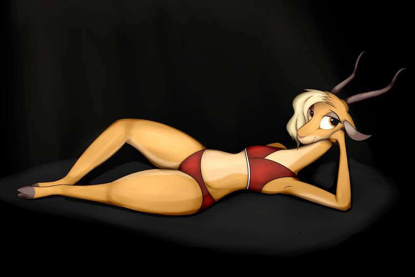 2016 absurd_res antelope anthro bikini blonde_hair bovid clothed clothing disney female flat_chested fur gazelle gazelle_(zootopia) hair hi_res looking_at_viewer mammal noodlestoat pose simple_background smile solo swimwear underwear zootopia