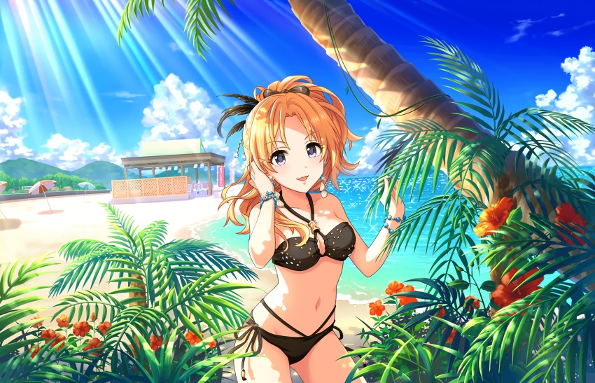 annin_doufu beach bikini building flowers idolmaster idolmaster_cinderella_girls idolmaster_cinderella_girls_starlight_stage kiryu_tsukasa navel orange_hair purple_eyes scenic summer swimsuit umbrella water wristwear