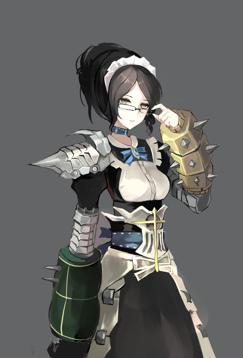 adjusting_eyewear armor black_hair bow breasts choker cowboy_shot eyelashes female female glasses grey_background hair_bun highres jewelry long_hair looking_at_viewer maid maid_headdress medium_breasts overlord_(maruyama) parted_lips simple_background solo spiked_bracelet spikes standing yellow_eyes yu_kitsune yuri_alpha