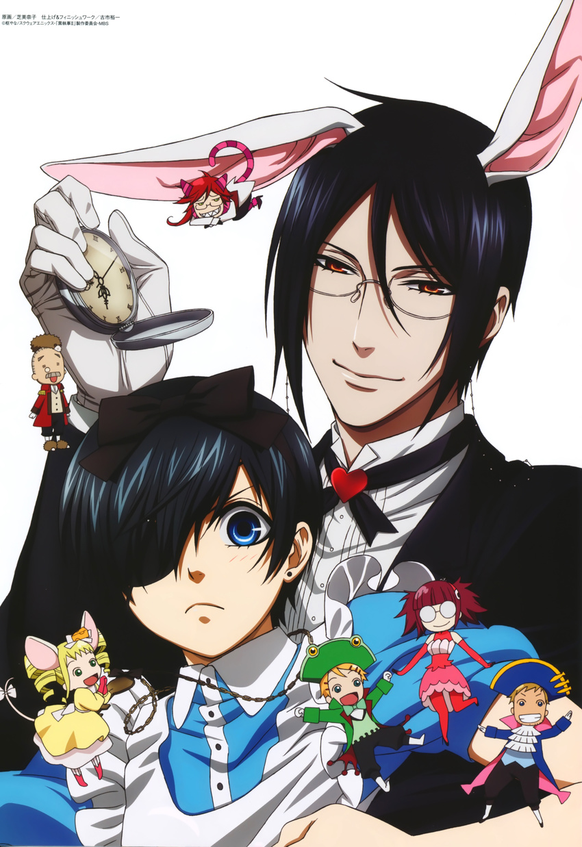 2girls 6+boys absurdres alice_in_wonderland blonde_hair blue_eyes blue_hair ciel_phantomhive crossdressing curly_hair elizabeth_ethel_cordelia_midford eyepatch eyewear_strap finnian glasses gloves green_eyes grell_sutcliff highres kuroshitsuji meirin_(kuroshitsuji) multiple_boys multiple_girls one_eye_closed red_eyes scan sebastian_michaelis shiba_minako short_hair twintails