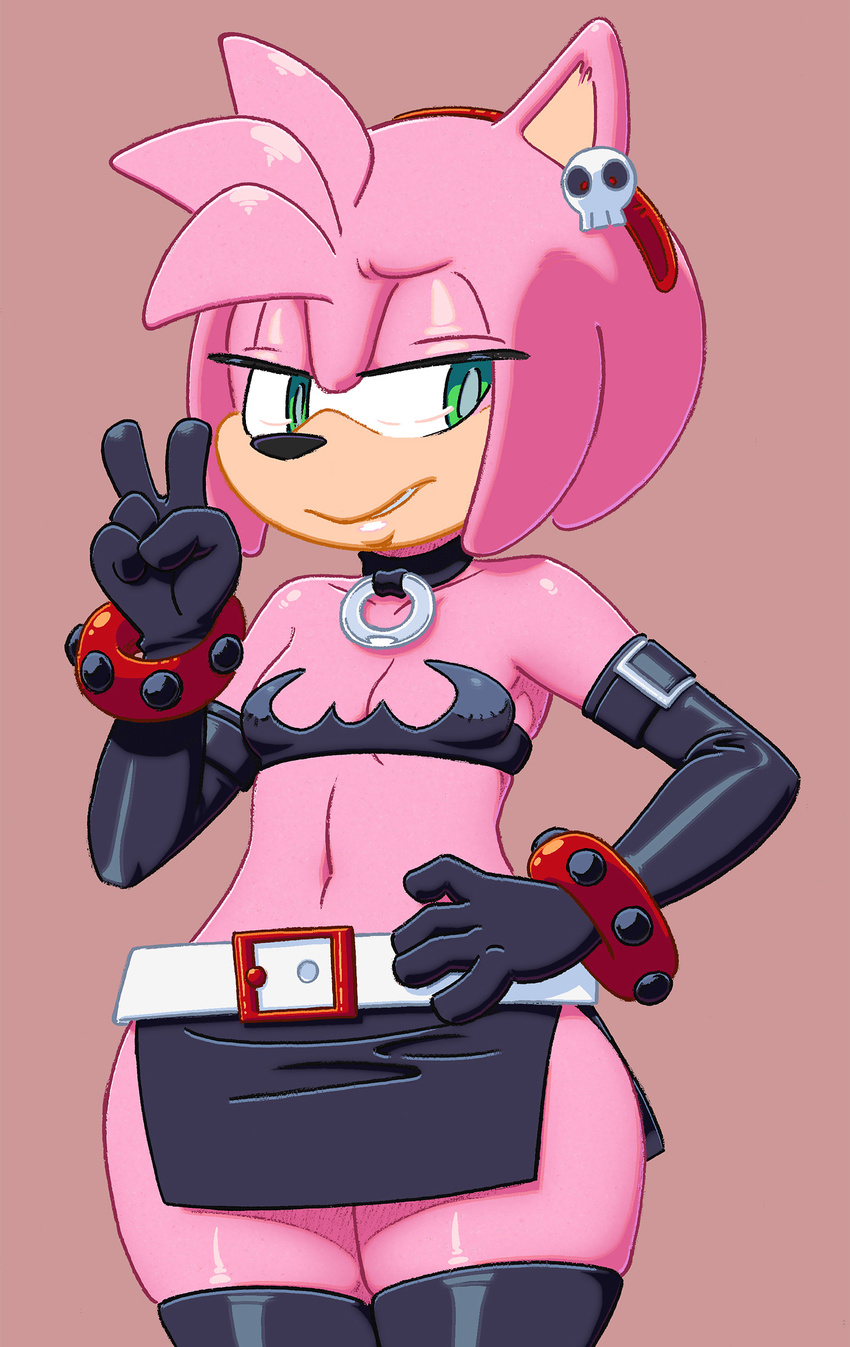 amy_rose anthro big-e6 breasts cleavage clothed clothing cosplay disgaea etna_(disgaea) eulipotyphlan female gesture green_eyes hand_gesture hedgehog hi_res mammal nippon_ichi_software pillarbox pink_body pink_skin sega small_breasts solo sonic_the_hedgehog_(series) v_sign