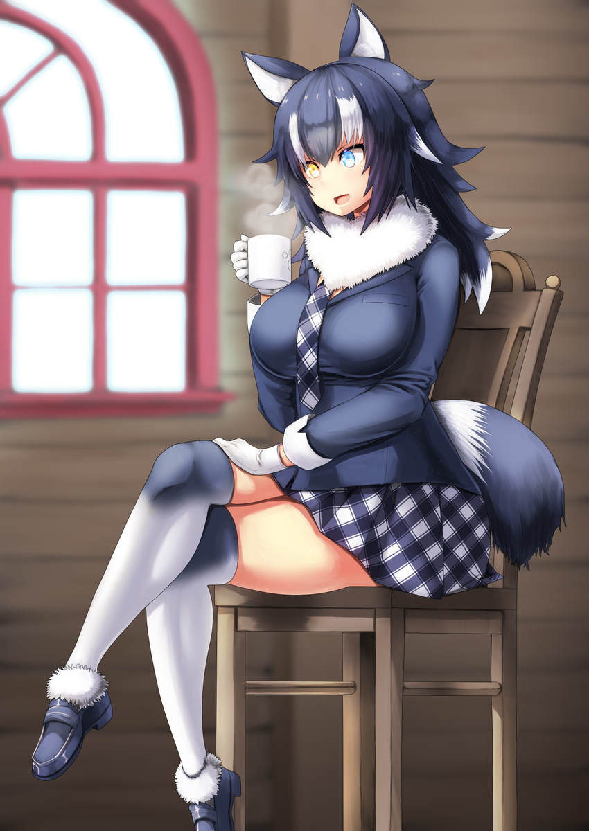 :d animal_ears bad_id bad_pixiv_id black_hair black_jacket blue_eyes blurry breasts chair commentary_request crossed_legs cup depth_of_field female from_side fur_collar fur_trim galerie grey_wolf_(kemono_friends) heterochromia highres jacket kemono_friends large_breasts loafers long_hair long_sleeves mug multicolored_hair necktie open_mouth plaid plaid_necktie plaid_skirt shoes sitting skirt smile socks solo tail thighhighs two-tone_hair white_hair wolf_ears wolf_tail yellow_eyes