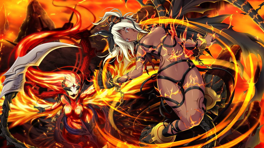 2girls battle breasts chains dark-skinned_female dark_skin fire flying game_cg horns kami_no_rhapsody medium_breasts monster_girl multiple_girls red_eyes riwo small_breasts tail tattoo underboob white_hair yano_mitsuki_(nanairo)