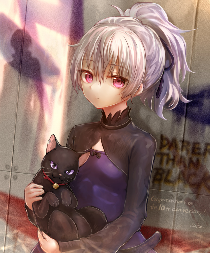 animal anniversary bad_id bad_pixiv_id black_cat copyright_name darker_than_black dress english_text expressionless feline female hair_ribbon hei_(darker_than_black) highres looking_at_viewer mao_(darker_than_black) ponytail purple_dress purple_eyes ribbon signature silhouette sukemyon white_hair yin_(darker_than_black)