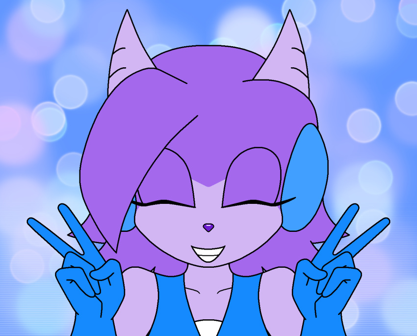 2018 5_fingers anthro aquatic_dragon bare_shoulders blue_background blue_clothing blue_gloves blue_handwear closed_eyes clothed clothing darkshadow dragon eyelashes female fingers flat_colors freedom_planet galaxytrail gesture gloves hair hand_gesture handwear horn marine mythological_creature mythological_scalie mythology purple_body purple_hair purple_nose sash_lilac scalie simple_background smile solo teeth v_sign