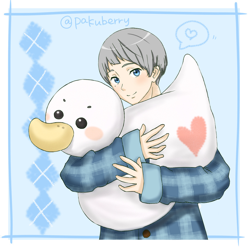 1boy bad_id bad_pixiv_id bird blue_eyes blush duck free! grey_hair heart highres male_focus mole mole_under_eye nitori_aiichirou pakuberry solo spoken_heart twitter_username