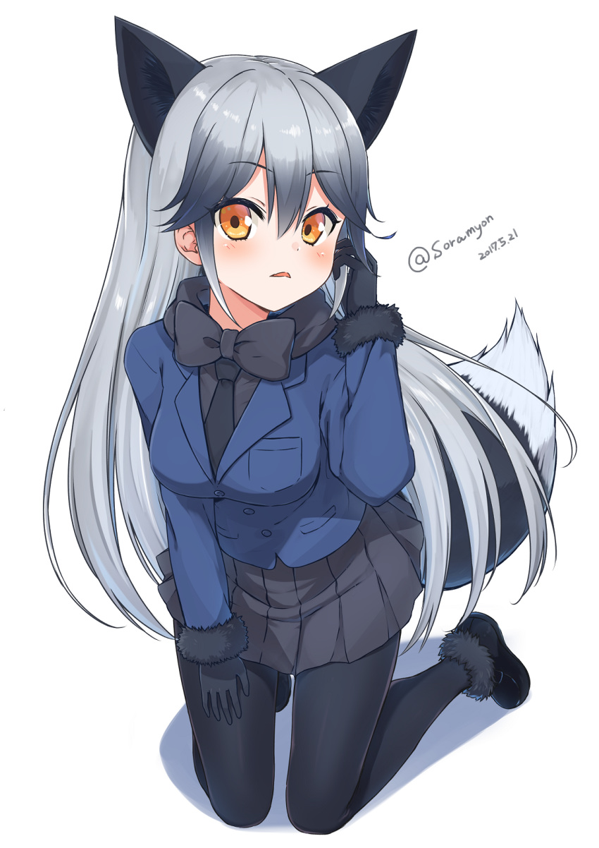 animal_ears black_bow black_bowtie black_gloves black_necktie black_skirt blue_jacket bow bowtie breasts commentary_request dated extra_ears female fox_ears fox_tail fur-trimmed_sleeves fur_trim gloves highres jacket kemono_friends large_breasts long_hair looking_at_viewer multicolored_hair necktie open_mouth pantyhose silver_fox_(kemono_friends) simple_background sitting skirt solo tail takanashi_sora_(soramyon) twitter_username white_background yellow_eyes