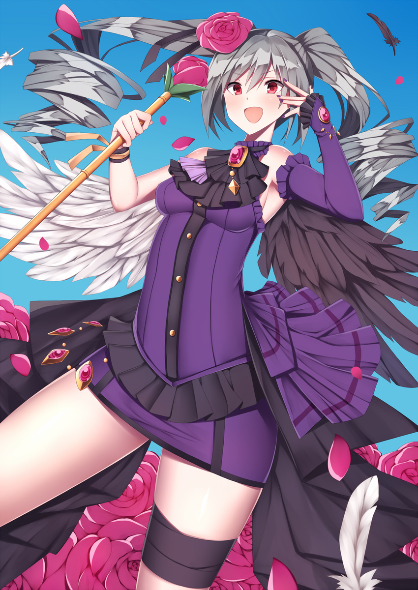 :d angel_wings bad_id bad_pixiv_id bad_proportions dress drill_hair female flower grey_hair hair_flower hair_ornament highres idolmaster idolmaster_cinderella_girls kanzaki_ranko long_hair open_mouth red_eyes rosenburg_engel_(idolmaster) smile snm_(sunimi) solo twin_drills twintails wings