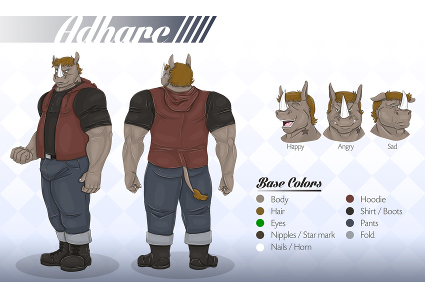 adharc angry anthro ass begami big_muscles boots bottomwear bulge cel_shading clenched_teeth clothed clothing color_scheme color_swatch english_text footwear fully_clothed grey_body grey_skin happy hi_res horn jacket male mammal model_sheet muscular muscular_anthro muscular_male pants pose rhinoceros sad shaded shirt solo teeth text thorsoneyja topwear