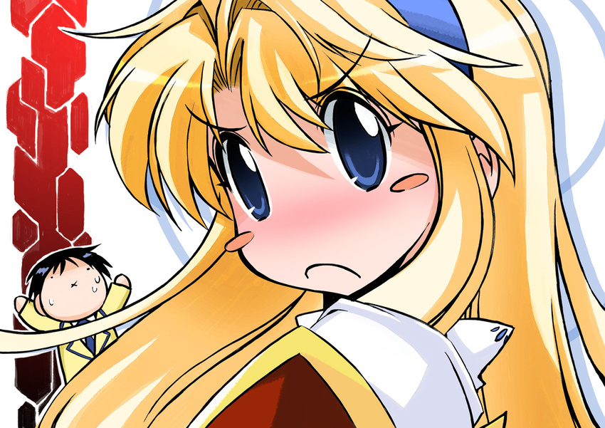 1boy :< :x aoi_kazuya black_hair blonde_hair blue_eyes blush blush_stickers chibi commentary_request female freezing_(series) hairband long_hair muramasa_mikado photoshop_(medium) satellizer_el_bridget sweatdrop