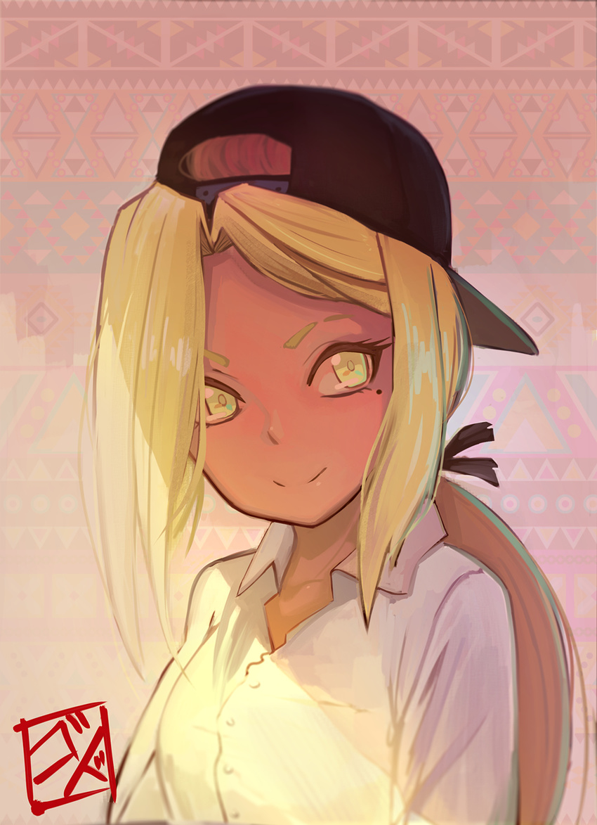 backwards_hat bad_id baseball_cap blonde_hair collared_shirt dress_shirt female godsh0t hat highres long_hair long_sleeves looking_at_viewer mole mole_under_eye original shirt smile solo sunlight upper_body white_shirt yellow_eyes