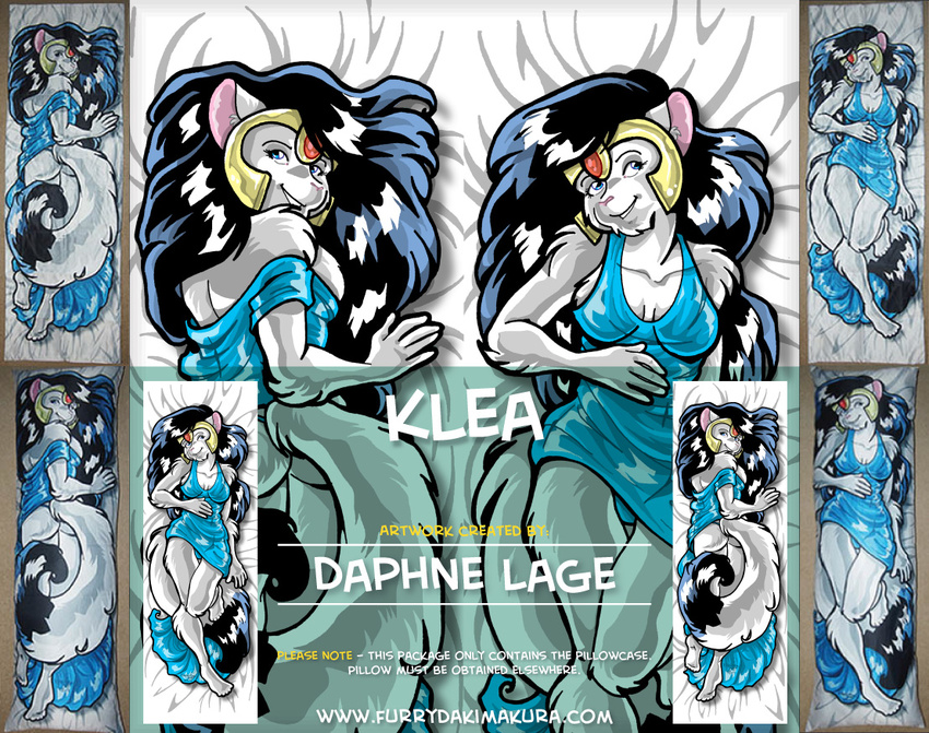 advertisement bed_sheet bedding clothing crown dakimakura dakimakura_design daphne_lage distracting_watermark dress female hair headgear klea long_hair long_tail mammal mustelid pillowcase solo tail underwear watermark