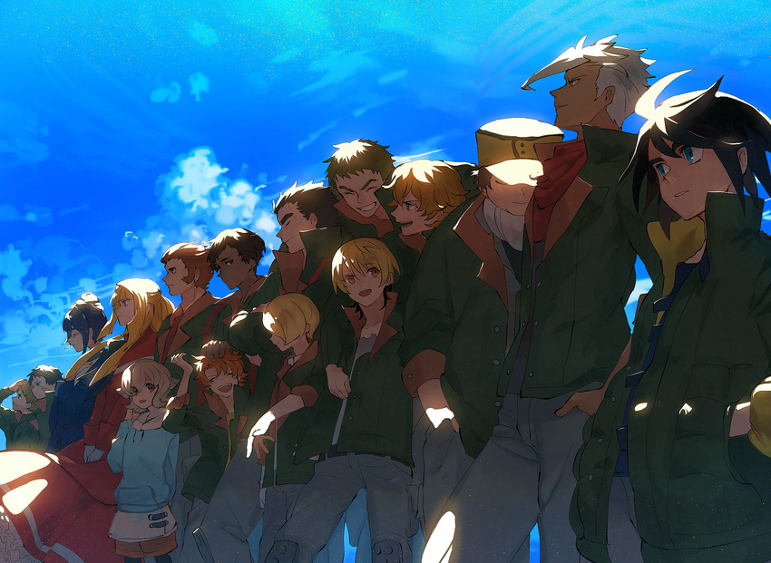 3girls 6+boys akihiro_altland atra_mixta bad_id bad_pixiv_id biscuit_griffon black_hair blonde_hair blue_eyes blue_sky brown_hair chad_chadan closed_eyes cloud dante_mogro dark-skinned_male dark_skin eugene_sevenstark fumitan_admoss glasses grin gundam gundam_tekketsu_no_orphans hat highres kazu_(honoburo) kudelia_aina_bernstein long_hair mikazuki_augus multiple_boys multiple_girls nadi_yukinojou_kassapa norba_shino orga_itsuka ponytail purple_eyes red_eyes ride_mass scar short_hair sky smile sunlight takaki_uno white_hair yamagi_gilmerton yellow_eyes