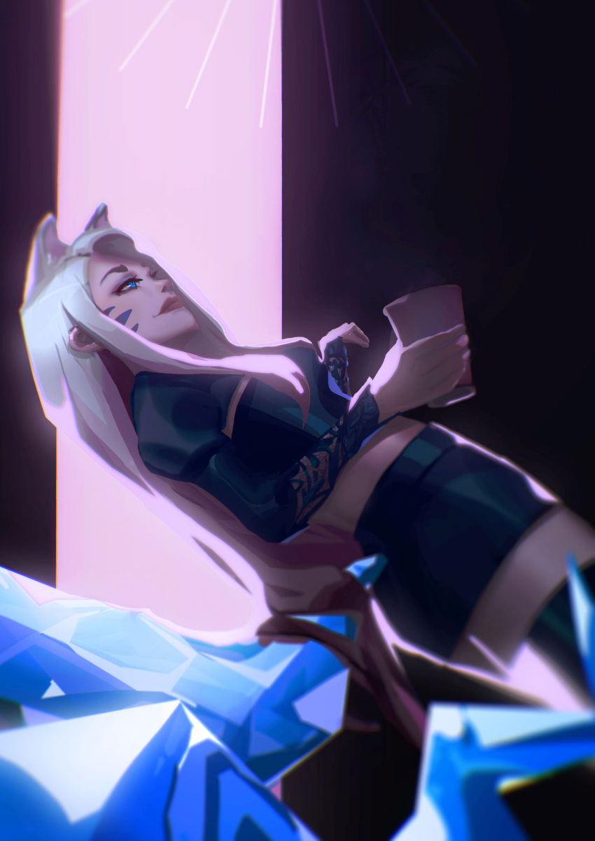 0elber absurdres ahri_(league_of_legends) animal_ears black_skirt blonde_hair blue_eyes breasts closed_mouth cowboy_shot crop_top crystal_tail facial_mark female fox_ears fox_girl fox_tail highres k/da_(league_of_legends) league_of_legends looking_to_the_side makeup medium_breasts pencil_skirt sidelocks skirt solo tail the_baddest_ahri whisker_markings