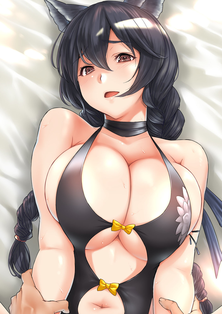 1boy animal_ears bare_shoulders black_hair black_one-piece_swimsuit blush braid breasts casual_one-piece_swimsuit cleavage collarbone erune female granblue_fantasy highres kemigawa_mondo large_breasts long_hair looking_at_viewer navel nier_(granblue_fantasy) nier_(lover_by_the_lily_lake)_(granblue_fantasy) official_alternate_costume one-piece_swimsuit red_eyes solo_focus swimsuit twin_braids