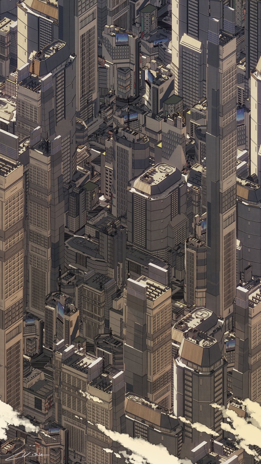 artist_name bad_id bad_pixiv_id billboard building city cityscape cloud commentary helipad highres isometric no_humans original scenery signature skyscraper waisshu_(sougyokyuu)