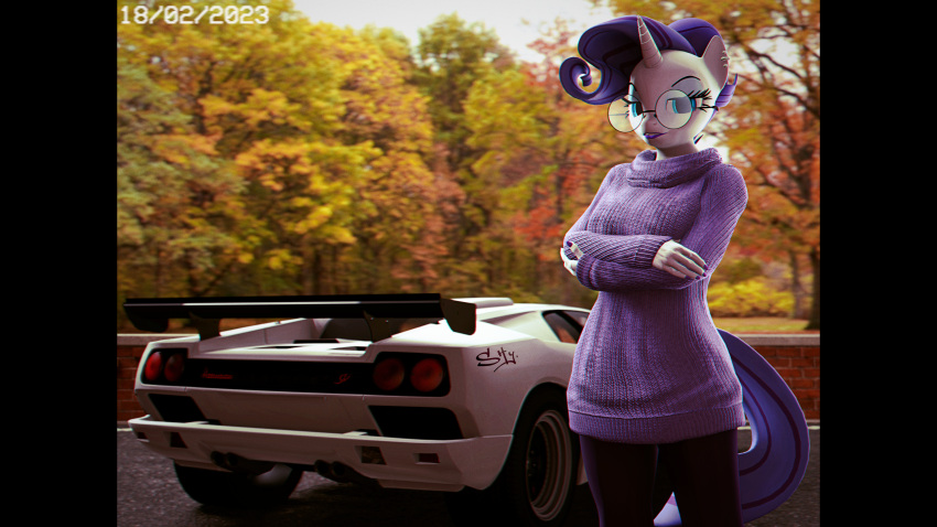 16:9 3d_(artwork) 4k absurd_res anthro anthrofied autumn black_bars blue_eyes blue_eyeshadow bottomwear breasts car clothed clothing comrade_shy crossed_arms dated day digital_media_(artwork) ear_piercing equid equine eyebrows eyeshadow eyewear female fingers friendship_is_magic glasses hair half-closed_eyes hasbro hi_res horn lamborghini lamborghini_diablo lipstick makeup mammal motor_vehicle my_little_pony mythological_creature mythological_equine mythology narrowed_eyes outside pants piercing purple_hair purple_tail rarity_(mlp) round_glasses solo sports_car standing sweater tail topwear unicorn unicorn_horn vehicle white_body widescreen