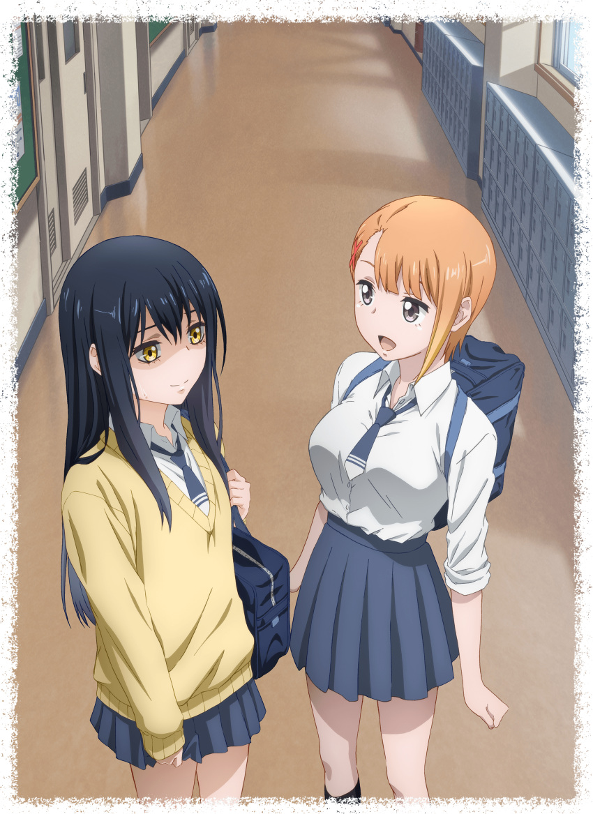 2girls absurdres bag black_eyes black_hair blue_necktie blue_skirt closed_mouth door hallway highres locker long_hair mieruko-chan miniskirt multiple_girls necktie nervous_smile official_art open_mouth orange_hair pleated_skirt school school_bag school_uniform shaded_face shirt short_hair shoulder_bag skirt sleeves_rolled_up smile standing sweater white_shirt window yellow_eyes yotsuya_miko yurikawa_hana