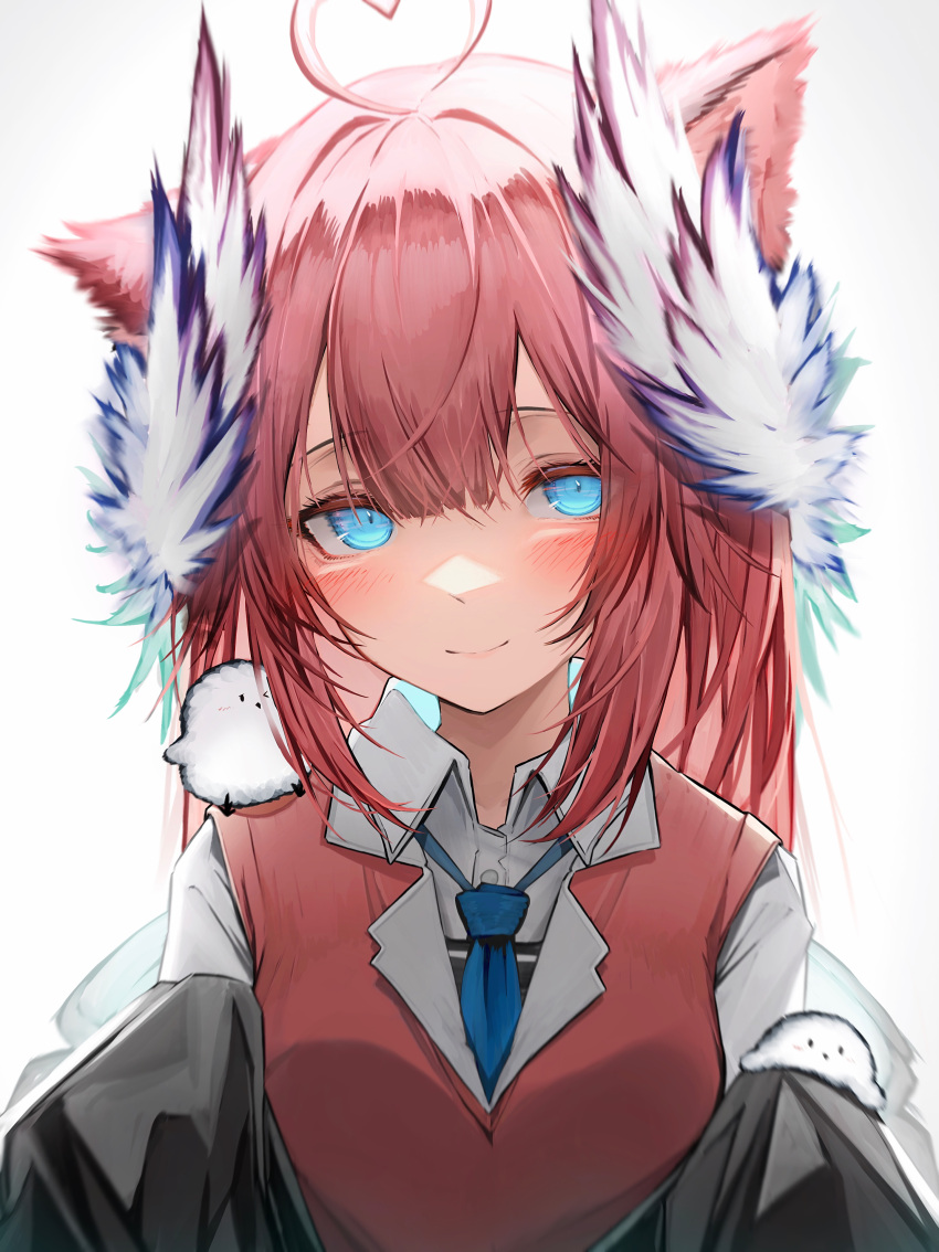 absurdres ahoge animal animal_ears blue_eyes blue_necktie blush closed_mouth commentary commission female gradient_background grey_background heart heart_ahoge highres indie_virtual_youtuber long_hair looking_at_viewer necktie red_hair sakurada_hane shirt skeb_commission smile solo tab_head upper_body virtual_youtuber white_shirt