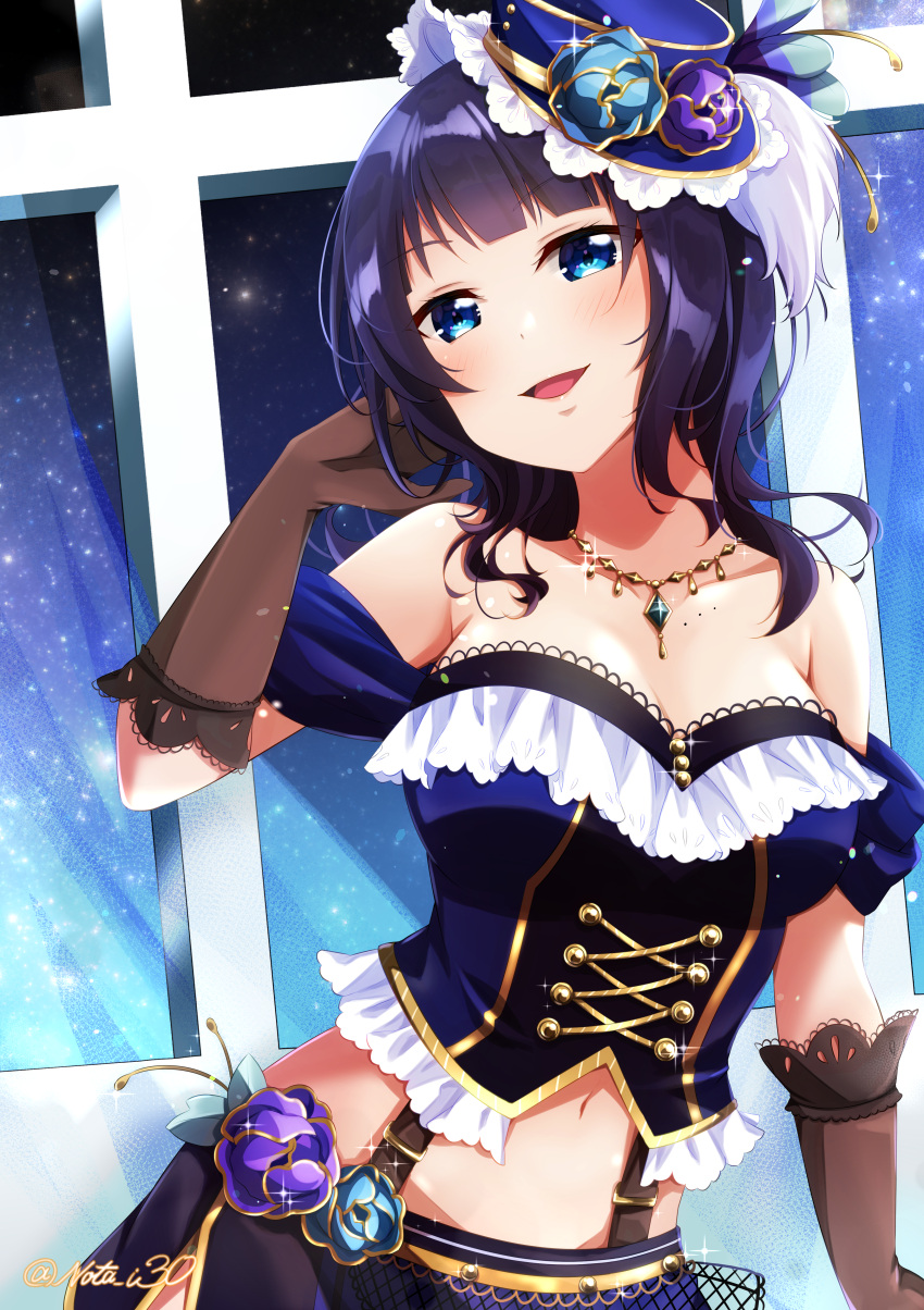 absurdres asaka_karin bare_shoulders black_gloves blue_eyes blue_hair blunt_bangs breasts cleavage collarbone crop_top elbow_gloves female flower frills gloves hand_in_own_hair hat hat_flower highres idol jewelry large_breasts looking_at_viewer love_live! love_live!_nijigasaki_high_school_idol_club medium_hair midriff mini_hat mole mole_on_collarbone multiple_moles navel necklace nota_ika open_mouth skirt smile solo starlight_(love_live!) strapless suspender_skirt suspenders