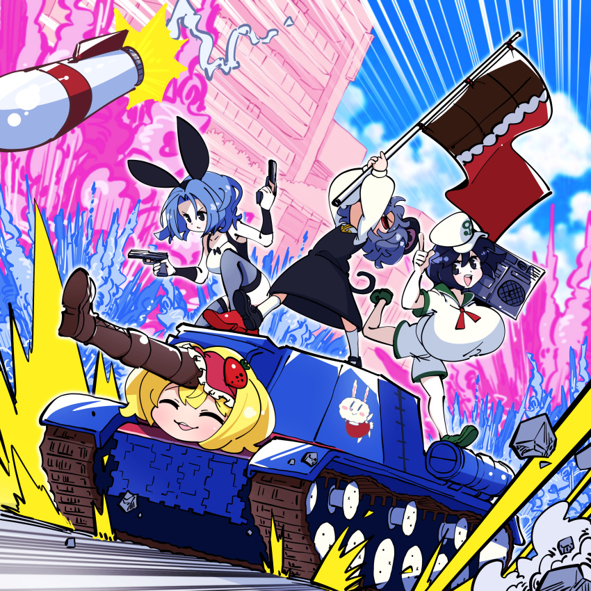 4girls :x absurdres alice_margatroid anchor_symbol animal_ears black_eyes black_footwear black_hair blonde_hair blue_hair blue_sky boombox boots breasts brown_footwear chocolate_bar_print city closed_mouth cloud commentary cookie_(touhou) day dual_wielding dutch_angle explosion fake_animal_ears flag flat_chest flour_(cookie) food-themed_hair_ornament full_body gram_9 green_footwear grey_hair grey_skirt grey_vest gun hair_ornament handgun hat highres holding holding_boombox holding_gun holding_weapon huge_breasts ichigo_(cookie) isu-152 kumoi_ichirin leotard long_sleeves looking_afar looking_at_viewer medium_breasts medium_hair military military_vehicle milk_(cookie) missile motor_vehicle mouse_ears mouse_girl mouse_tail multiple_girls murasa_minamitsu nazrin neckerchief nyon_(cookie) open_mouth outdoors parted_bangs rabbit_ears red_eyes red_footwear red_neckerchief sailor_collar sailor_hat sailor_shirt shirt shoes short_hair shorts skirt sky smile socks strawberry_hair_ornament tail tank touhou tuxedo_leotard v-shaped_eyebrows vest waving_flag weapon white_shirt white_shorts white_socks