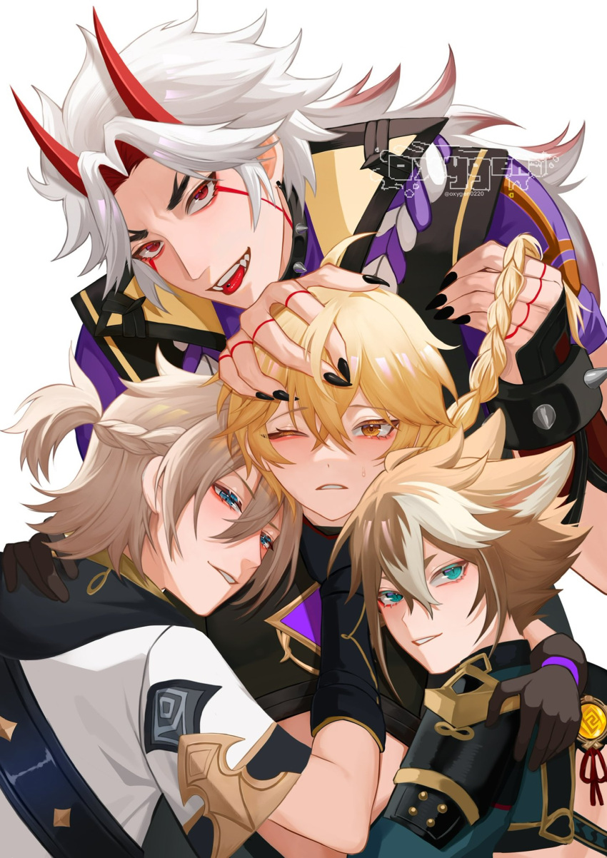 4boys aether_(genshin_impact) ahoge albedo_(genshin_impact) animal_ears arataki_itto armor bangs black_gloves blonde_hair blue_eyes blush bracelet braid breasts brown_eyes brown_hair closed_eyes crop_top dog_boy dog_ears dog_tail earrings eyebrows_visible_through_hair fox_ears genshin_impact gloves gorou_(genshin_impact) grabbing hair_between_eyes hair_ornament highres holding horns japanese_clothes jewelry long_hair long_sleeves low_twintails male_focus multicolored_hair multiple_boys oni oni_horns open_mouth orange_hair oxygen pale_skin pants pointy_ears red_eyes shirt sidelocks single_braid sleeveless smile spiked_bracelet spikes streaked_hair tail tattoo teeth toned toned_male tongue tongue_out twintails twitter_username vision_(genshin_impact) white_background white_hair yellow_eyes