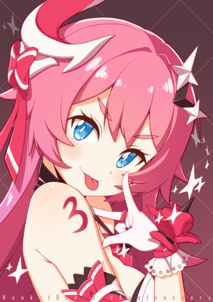 :p anniversary bare_shoulders blue_eyes bow brown_background closed_mouth commentary_request copyright_name female flower gloves hair_ornament hairbow hand_up highres honkai_(series) honkai_impact_3rd horns long_hair pink_hair red_bow red_flower red_rose rose rozaliya_olenyeva single_horn sizque smile solo spiked_gloves spikes striped striped_bow thick_eyebrows tongue tongue_out v-shaped_eyebrows w white_gloves