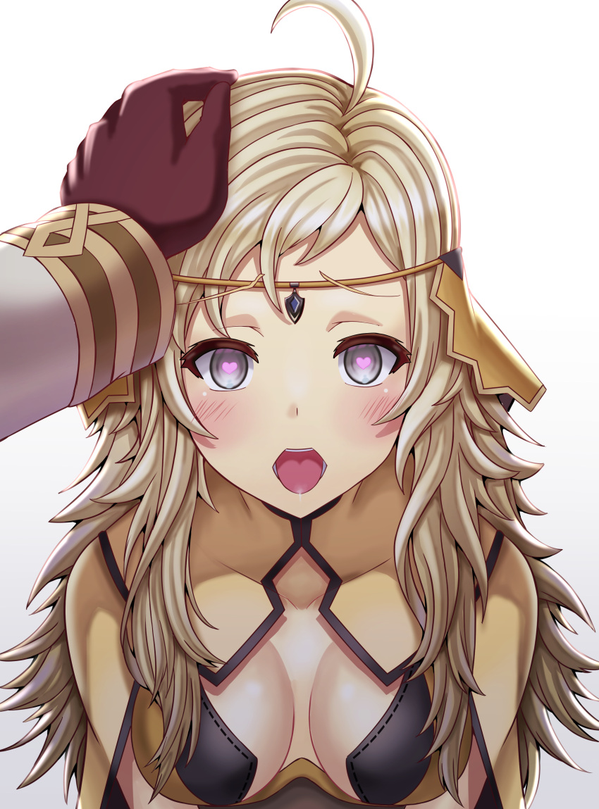 1boy absurdres ahoge blonde_hair breasts circlet commission commissioner_upload female fire_emblem fire_emblem_fates fire_emblem_heroes gloves grey_eyes heart heart-shaped_pupils highres kiran_(fire_emblem) kiran_(male)_(fire_emblem) long_hair looking_at_viewer male_hand medium_breasts open_mouth ophelia_(fire_emblem) saikunartworks straight symbol-shaped_pupils