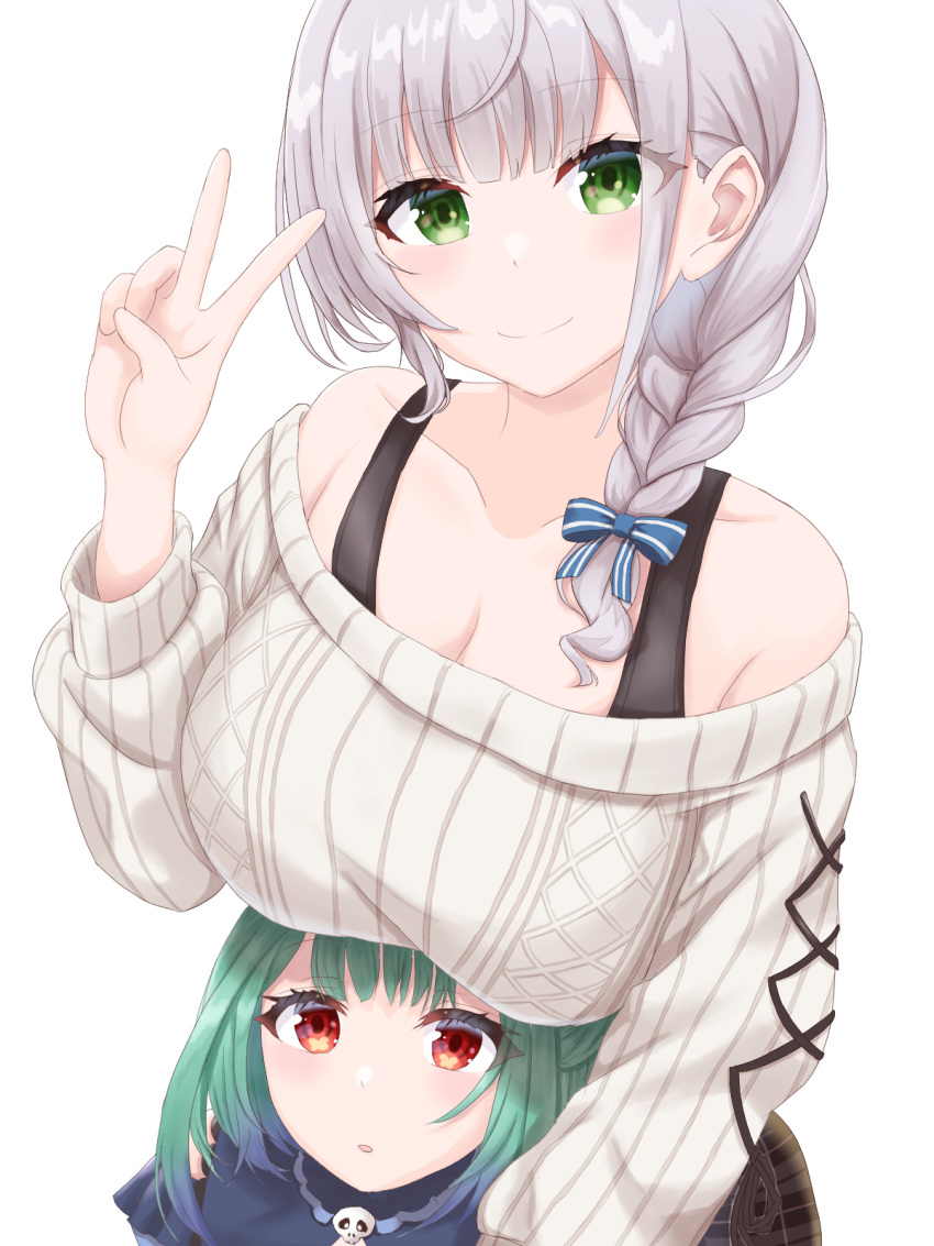 2girls bow bra_strap braid breast_rest breasts breasts_on_head cleavage collarbone commentary_request eyes_visible_through_hair green_eyes green_hair grey_hair hairbow highres hololive large_breasts medium_hair multiple_girls nikahoshikuzu off-shoulder_sweater off_shoulder red_eyes shirogane_noel shirogane_noel_(casual) single_braid smile sweater uruha_rushia uruha_rushia_(1st_costume) v virtual_youtuber