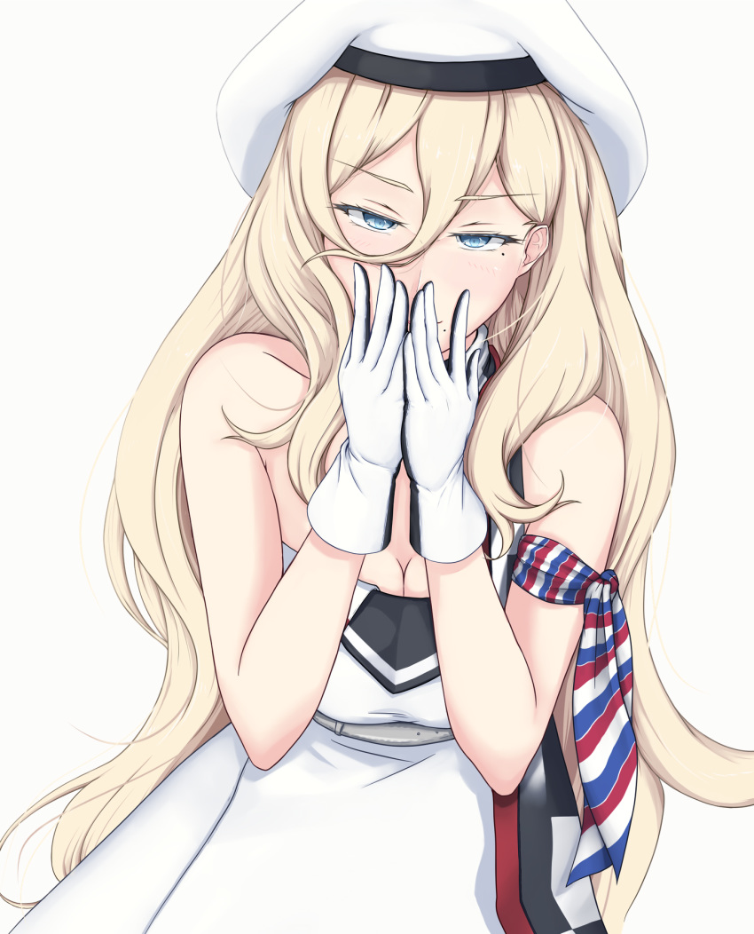 blonde_hair blue_eyes breasts cleavage commentary_request covering_own_mouth dress female gloves hair_between_eyes highres kantai_collection long_hair medium_breasts mole mole_under_eye mole_under_mouth multicolored_clothes multicolored_gloves multicolored_scarf richelieu_(kancolle) scarf simple_background solo strapless strapless_dress two-tone_dress two-tone_gloves white_background yakuto007