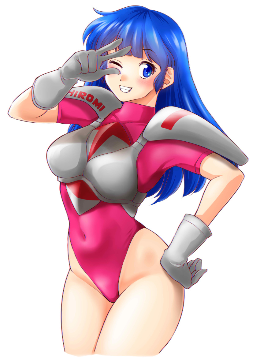 absurdres blue_eyes blue_hair burning_force character_name clothes_writing commentary_request cowboy_shot female gloves grin hand_on_own_hip highres leotard long_hair looking_at_viewer nanao_futaba pink_leotard simple_background smile solo tengenji_hiromi v_over_eye white_background white_gloves