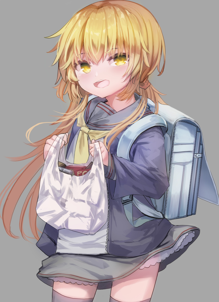 absurdres backpack bag black_sailor_collar black_skirt black_thighhighs blonde_hair blue_jacket cowboy_shot female grey_background groceries highres jacket kantai_collection logiclr long_hair looking_at_viewer neckerchief open_clothes open_jacket plastic_bag randoseru sailor_collar satsuki_(kancolle) satsuki_kai_ni_(kancolle) school_uniform simple_background skirt solo thighhighs twintails yellow_eyes yellow_neckerchief