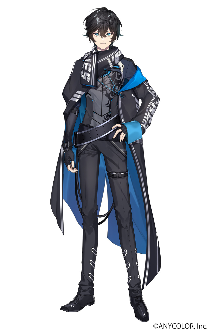 1boy absurdres axia_krone axia_krone_(1st_costume) black_coat black_footwear black_gloves black_nails black_pants black_scarf blue_eyes coat fingerless_gloves full_body gloves hair_between_eyes hand_on_own_hip highres kurono_yuu looking_at_viewer male_focus nijisanji official_art pants pilot_suit scarf science_fiction smile solo tachi-e virtual_youtuber white_background