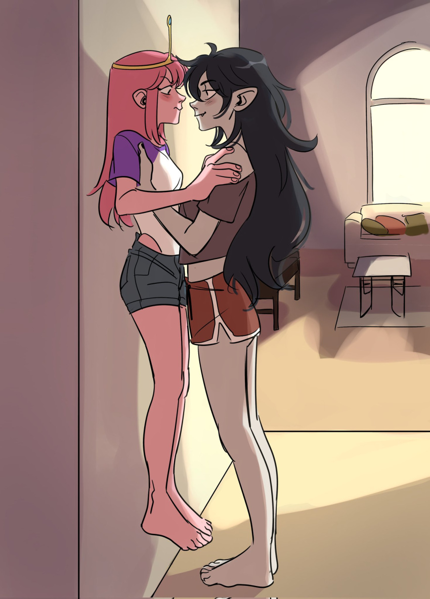 2girls adventure_time against_wall black_hair blush closed_mouth clothes_lift colored_skin commentary commentary_typo commission eye_contact feet height_difference highres imsteli lauren_phillips_lifting_alice_merchesi_(meme) long_hair looking_at_another marceline_abadeer medium_hair meme multiple_girls oerba_yun_fang pink_hair pink_skin pointy_ears princess_bonnibel_bubblegum skirt skirt_lift tiara toes yuri