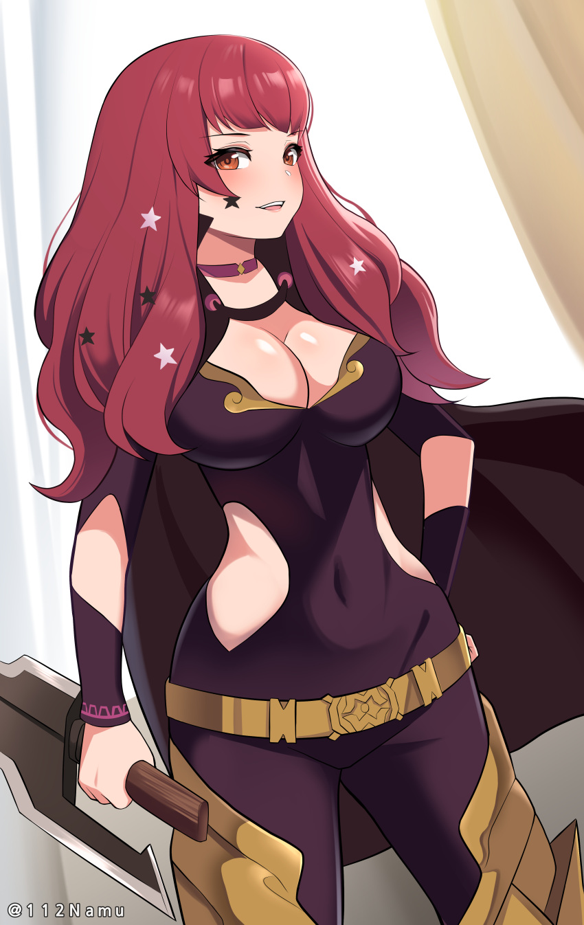 :d absurdres belt black_cape breasts cape choker commentary covered_navel cowboy_shot facial_mark female fire_emblem fire_emblem_engage hair_ornament highres holding holding_weapon large_breasts long_hair looking_at_viewer namu_(112namu) open_mouth purple_choker red_eyes red_hair reverse_grip smile solo standing star_(symbol) star_facial_mark star_hair_ornament thighs weapon yunaka_(fire_emblem)