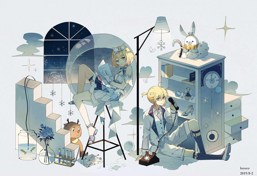 1boy antique_phone artist_name bad_id bad_pixiv_id black_legwear blonde_hair blue_dress blue_eyes book bow bowtie bug butterfly chair character_doll cloud commentary corded_phone crown dated drawing_(object) dress earrings female fish flower frills gloves grey_background hair_ornament hairband hatsune_miku holding holding_book holding_phone jacket jar jewelry kagamine_len kagamine_rin lamp legwear_garter lococo:p long_sleeves neck_ruff on_ground pencil phone pinstripe_legwear pinstripe_pattern ponytail rabbit rabbit_yukine rose rotary_phone sandals shelf shoes short_hair short_ponytail shorts sitting snowflakes socks sparkle striped_clothes striped_dress stuffed_animal stuffed_toy suit_jacket test_tube test_tube_rack vase vocaloid white_bow white_bowtie white_dress white_footwear white_gloves white_hairband white_jacket white_shorts window yarn yarn_ball yuki_len yuki_miku yuki_miku_(2019) yuki_rin