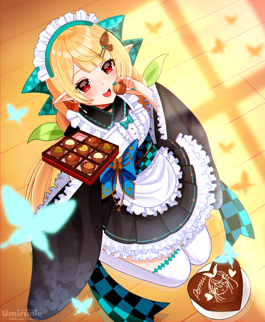 absurdres artist_name blonde_hair candy chocolate dress female food gift hair_ornament hairclip happy_valentine heart heart-shaped_chocolate highres looking_up maid nail_polish nijisanji nijisanji_en pale_skin pointy_ears pomu_rainpuff pomu_rainpuff_(2nd_costume) red_eyes thighhighs umirunie valentine virtual_youtuber wa_maid