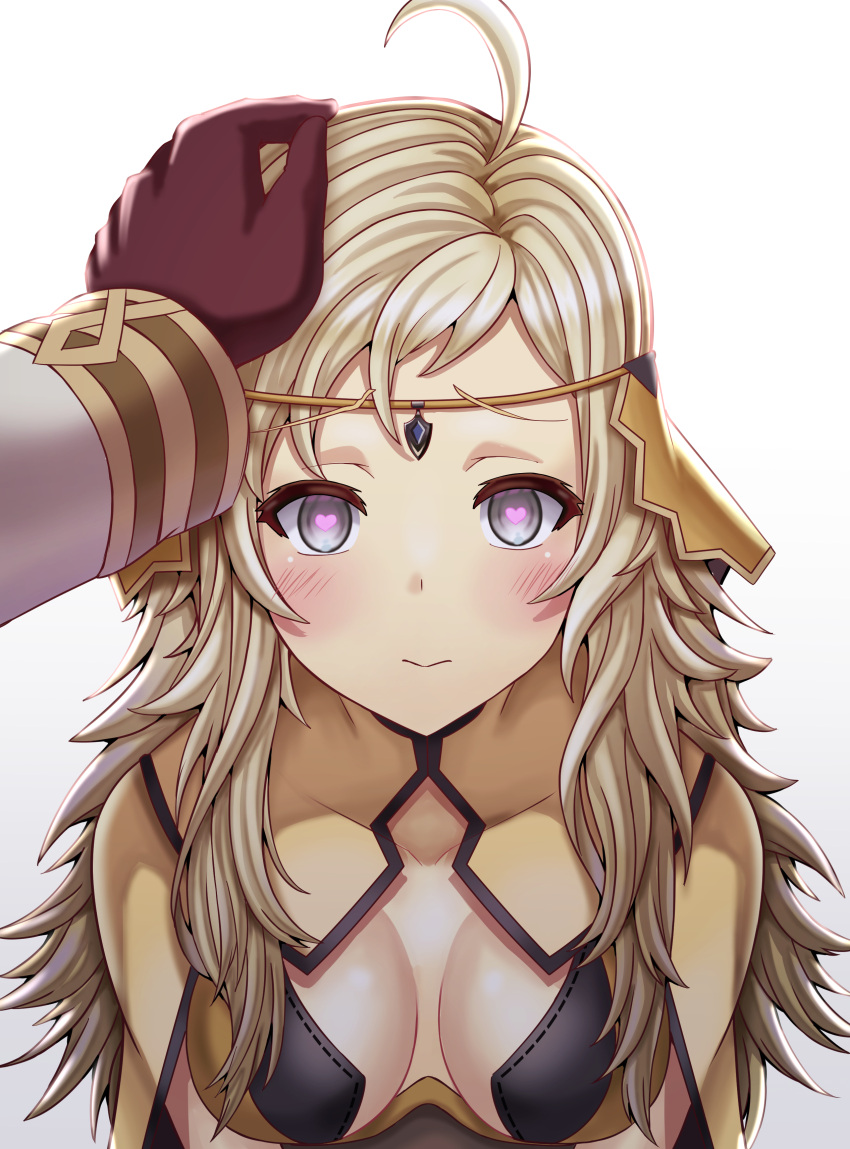 1boy absurdres ahoge blonde_hair breasts circlet closed_mouth commission commissioner_upload female fire_emblem fire_emblem_fates fire_emblem_heroes gloves grey_eyes heart heart-shaped_pupils highres kiran_(fire_emblem) kiran_(male)_(fire_emblem) long_hair looking_at_viewer male_hand medium_breasts ophelia_(fire_emblem) saikunartworks straight symbol-shaped_pupils