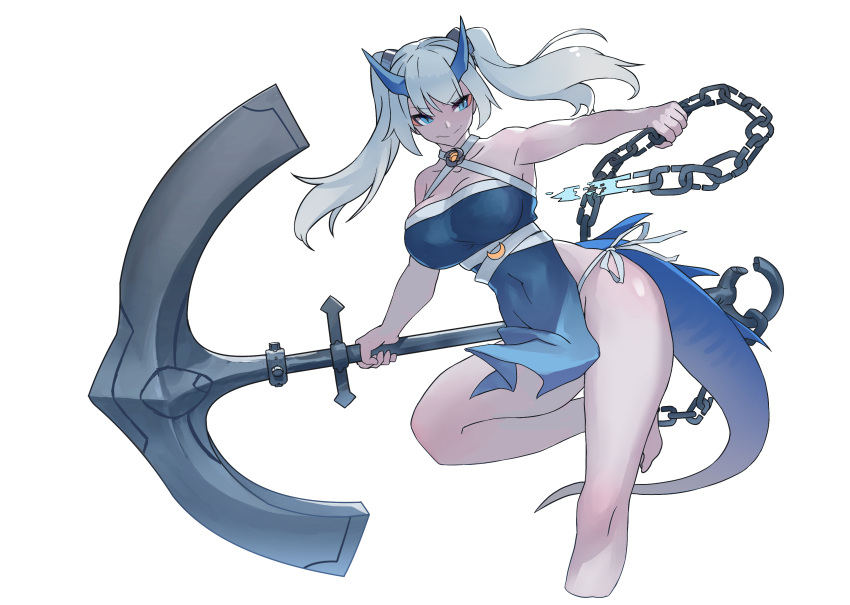 absurdres anchor bare_shoulders blue_eyes blue_horns breasts chains closed_mouth collarbone covered_navel elatius_the_anchorwielder female grey_hair highres holding holding_anchor holding_chain holding_weapon horns long_hair pixiv_fantasia pixiv_fantasia_revenge_of_the_darkness simple_background smile solo tail twintails uusquid water weapon white_background