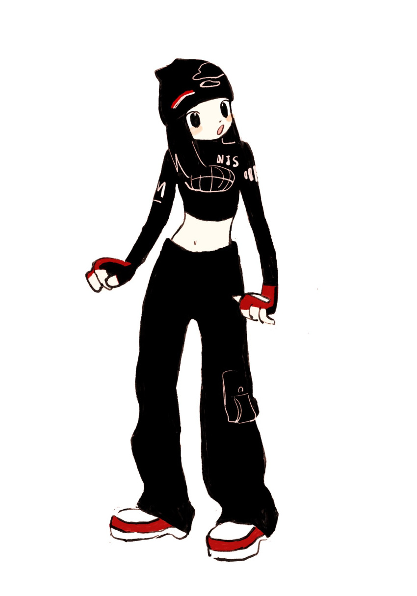 :o black_hair black_hat black_pants black_shirt cargo_pants crop_top female fingerless_gloves gloves hanni_(newjeans) hat highres iwashi_iwashimo k-pop looking_to_the_side midriff navel newjeans open_mouth pants real_life red_gloves shirt shoes simple_background sneakers solo white_background white_footwear