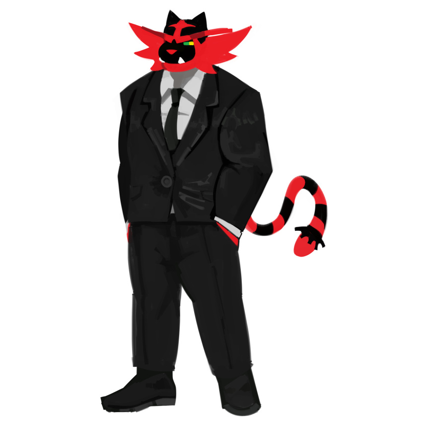 1:1 absurd_res anthro black_body black_bottomwear black_clothing black_footwear black_fur black_pants black_shoes black_suit black_tie_(suit) bottomwear button_(fastener) caimanresurgunt cel_shading clothing cosplay digital_media_(artwork) footwear fur generation_7_pokemon green_eyes hi_res incineroar library_of_ruina male muscular muscular_male nintendo pants pokemon pokemon_(species) project_moon red_body red_fur red_nose roland_(library_of_ruina) shaded shirt shoes solo suit tail teeth topwear white_clothing white_shirt white_topwear yellow_sclera