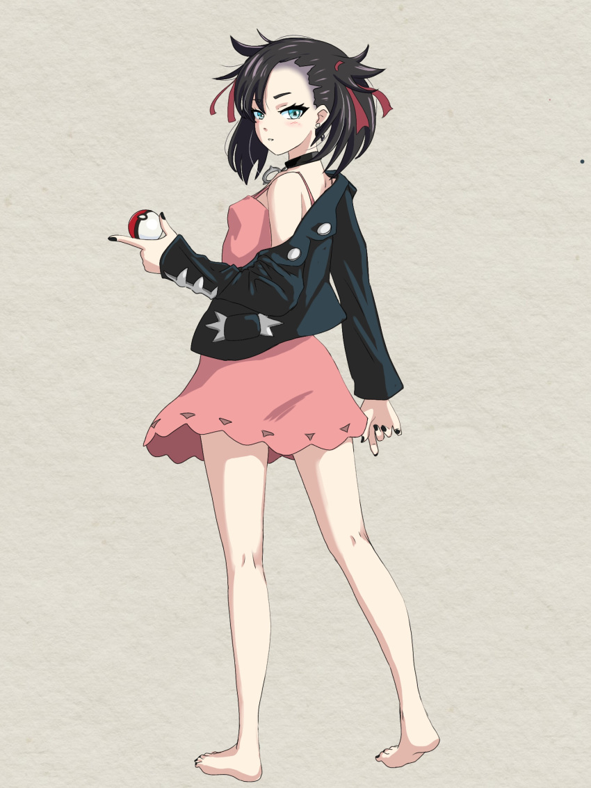 barefoot black_collar black_jacket blush collar commentary_request dress earrings eyelashes female full_body green_eyes hair_ribbon hand_up highres holding holding_poke_ball jacket jewelry kneepits long_sleeves looking_at_viewer marnie_(pokemon) nail_polish off_shoulder pink_dress poke_ball poke_ball_(basic) pokemon pokemon_swsh red_ribbon ribbon solo standing toenail_polish toenails toes zenbrush2