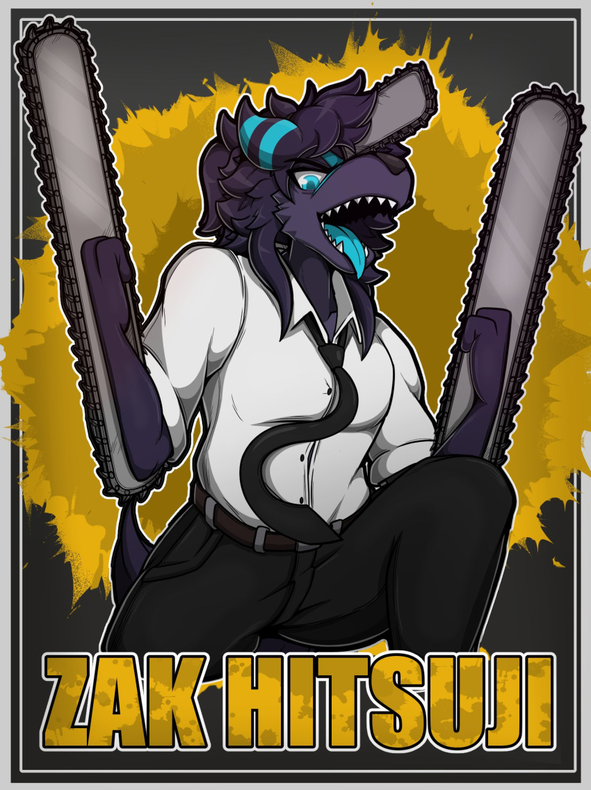 anthro black_body blue_eyes bottomwear canid canine canis chainsaw chainsaw_arm chainsaw_man clothing hi_res male mammal necktie pants power_tool shirt solo tongue tongue_out tools topwear wolf zak_(zak_hitsuji) zak_hitsuji